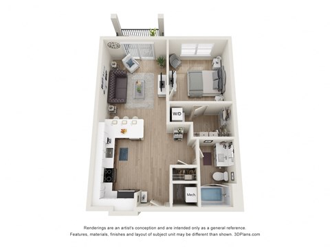 Floor plan for 1 bed, 1 bath, 721 sqft